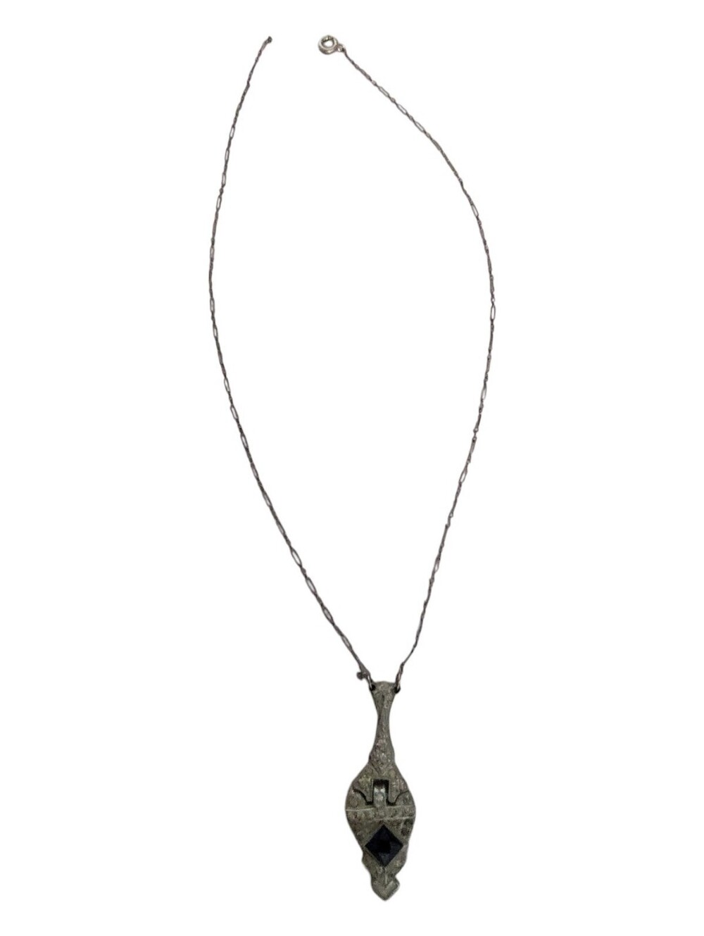 Vintage Art Deco Victorian Style Blue Rhinestone Pendant Necklace Silver Tone - Picture 3 of 7